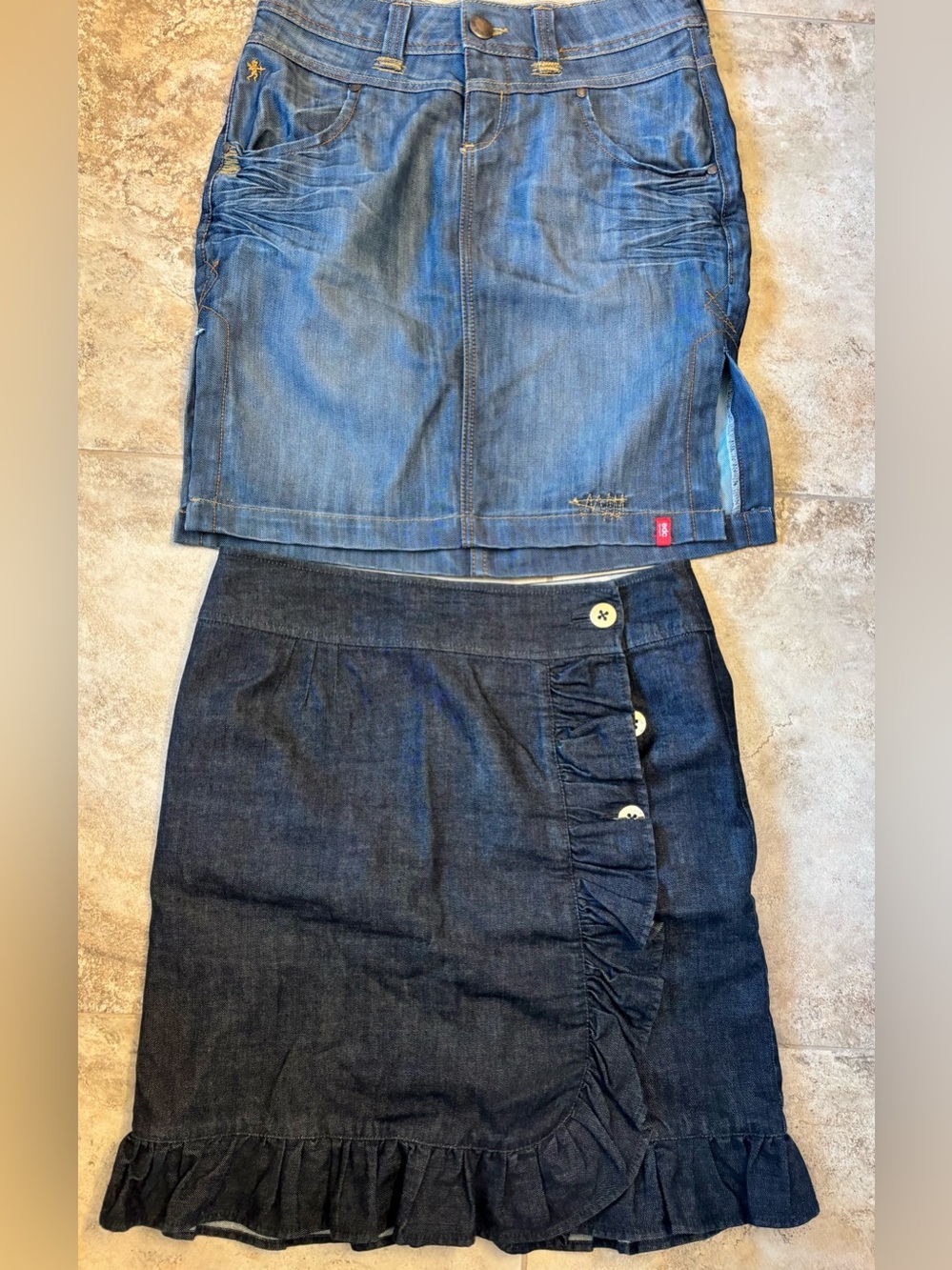 Two-For-One - Denim Skirts - One Ruffle-Trim Dark Blue, One Side-Slit Faded Blue